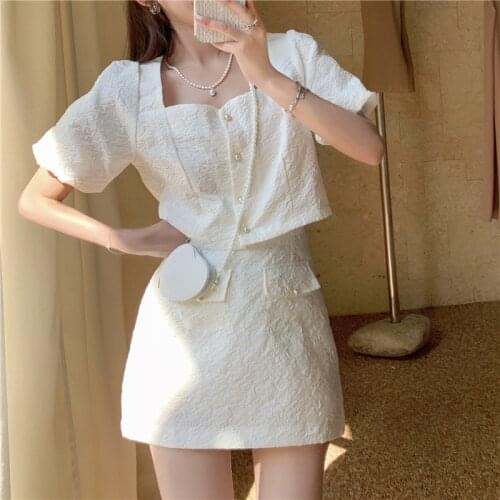 Korean Sweet Womens Suit Slim Square collar Puff sleeve cardigan Tops + High Waist Mini Skirts Short sets Girl Student Clothing
