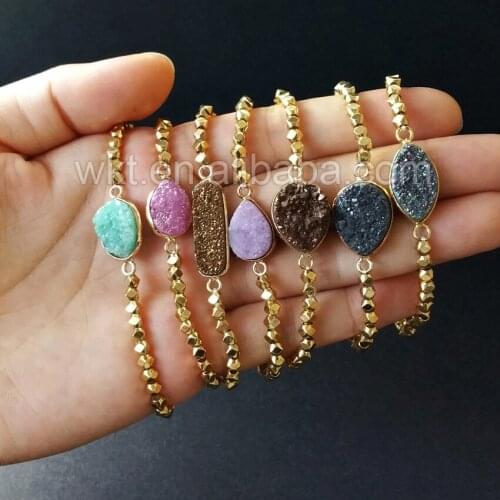 WT-B261 Fashion Charm Beads Flexible Druzy Bracelets Natural druzy stone with Yellow Brass Beads Bracelets Flexible for Women