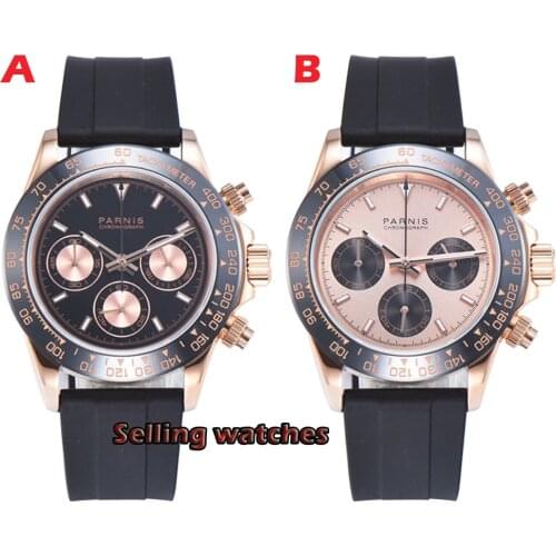39mm Parnis Rose Gold Stainless Steel Strap Full Chronograph Quartz Mens Watch