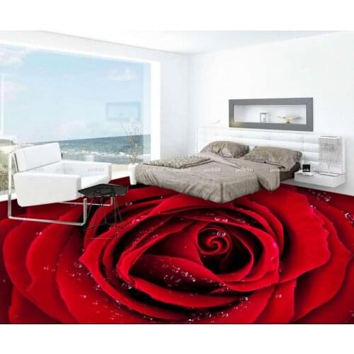 3D wall murals wallpaper floor self-adhesive 3D floor PVC waterproof floor Dew red rose fashion floor Home Decoration