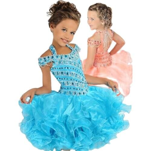 Charming Blue Coral Girls Pageant Dresses Ball Gowns Organza Cold Shoulder Keyhole Back Kids Little Girls Cupcake Organza