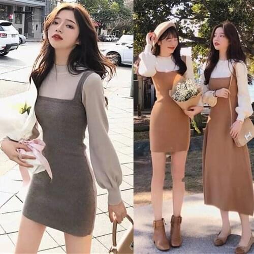 2021 Women Autumn Knitted Dress O Neck Slim Elastic Dresses Female Basic Mid Long Dress Ladies Knit Warm Sweater Dresses H922