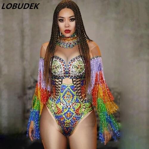 Multi-color Rhinestones Fringe Bodysuit Sexy DJ Lady Singer Crystals Leotard Stage Wear Bar Pole Dance Show Tassel Tight-fitting