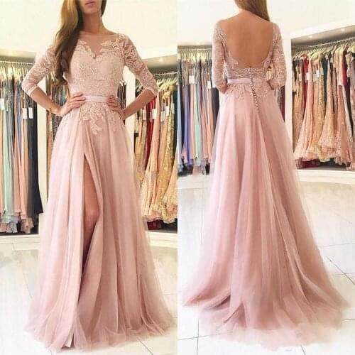 Blush Pink Split Long Prom Dresses Sheer Neck 3/4 Long Sleeves Backless Appliques Lace Bridesmaids Evening Gowns