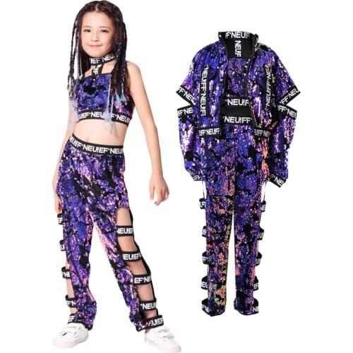 Girls Sequins Hip-hop Jazz Stage Dance Costume Street Dancing Crop Tops Pants Outfits Kids Dancewear Purple