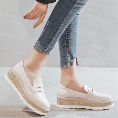 2020 Platform Shoes Women High Heels Slip On Patent Leather Shoes Autumn Women Heel Comfortable Casual Shoes