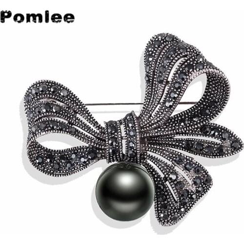 Pomlee Black Pearl Rhinestone Flower Bow Vintage Fashion Brooch Brooches For Women Retro Large Pin Elegant Accessories Jewelry