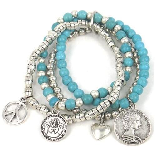 Free shipping Fashion semi preciouse stone beads bracelet with peace,heart and princess charm women elastic bracelet