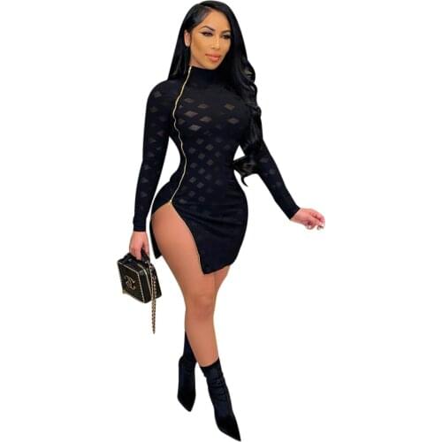 2021 Spring Sexy Zipper Women Dress Hollow Out Full Sleeve Dresses Party Night Clubwear Vestidos Solid Color