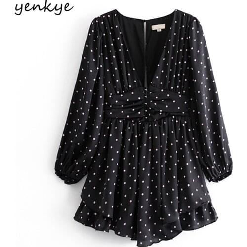 YENKYE New Spring 2021 Women Vintage Polka Dot Mini Dress Fashion Lady Sexy V Neck Lantern Sleeve A-line Hem Ruffle Dress