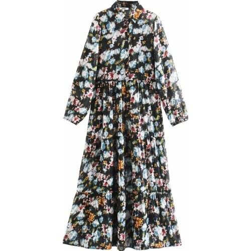 Za 209 turn down collar print dress women cascading ruffles vestidos long dress casual ropa mujer vintage floral