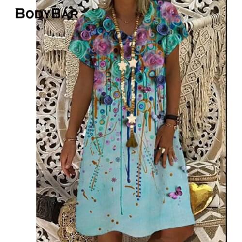 Floral V-neck Streetwear Dress 2021 Vintage Plus Size Mini Dresses Summer Short-sleeve Loose Mid-length Dress For Women Vestidos