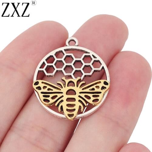 ZXZ 10pcs Gold Bee Honeybee and Honeycomb Circle Round Charms Pendants for Necklace Earring Jewelry Making Findings 25x25mm