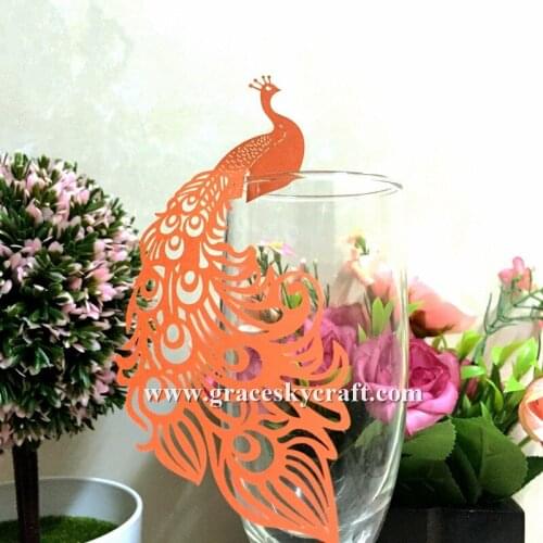 50pcs Free Shipping laser Cut Place name Seat Birthday Wedding Invitation Cup Cards peacock Design for Glass party supplies
