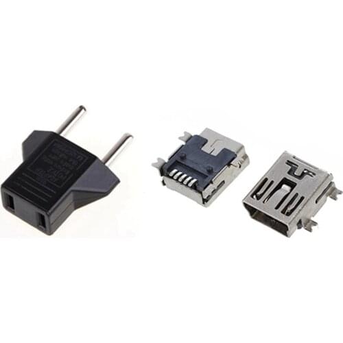 5X USA US to EU Euro Plug Converter Travel Charger Adapter with 10X Mini USB 5 Pin Female Socket DIY SMT Connector
