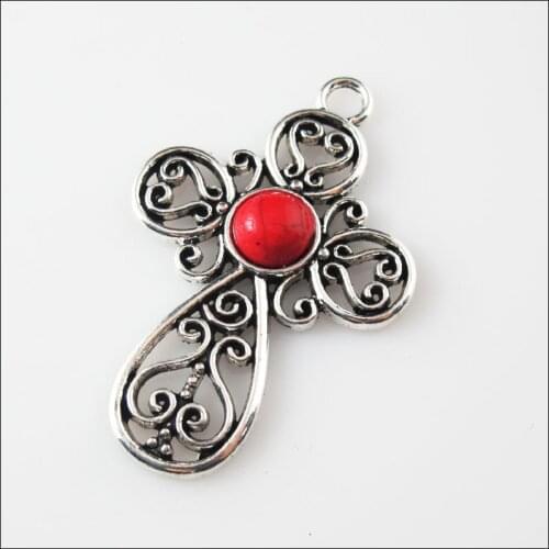 6Pcs Retro Tibetan Silver Red Cross Charms Pendants 31x47.5mm