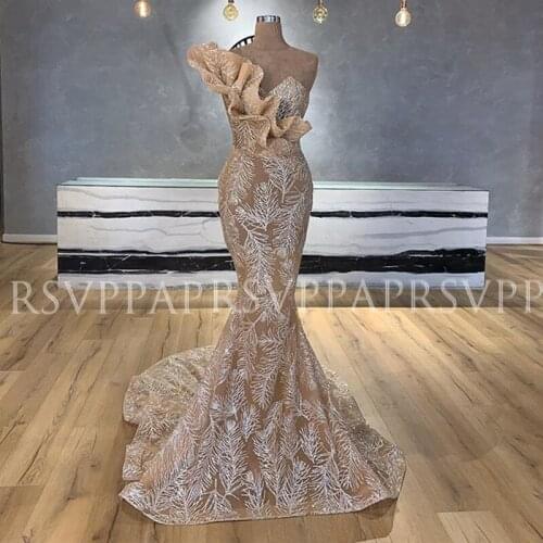 Glitter Sparkly Long Evening Dresses 2020 Sexy Mermaid One Shoulder Arabic Dubai Real Sample Champagne Formal Evening Gowns