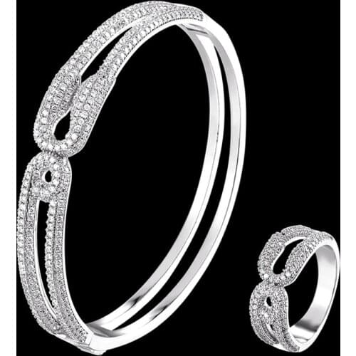 Zlxgirl New arrival AAA cubic zircon Pins Shape copper bangle with ring jewelry sets fashion womens loves bangle anel sets