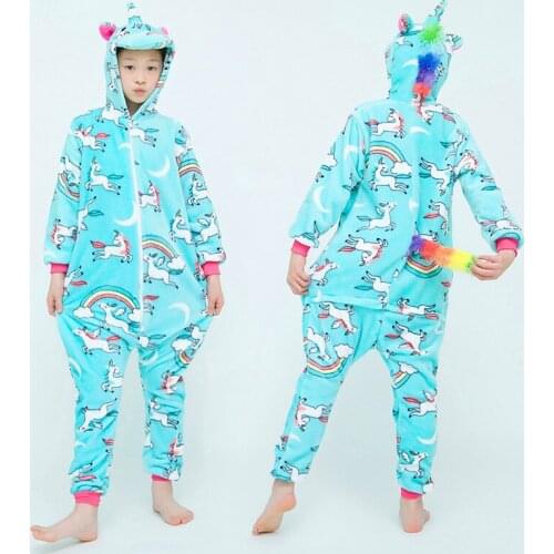 Children Blue Horse Unicorn Flannel Pajamas Winter Sleepwear Boys Onesies Girls Pajamas Sets Kids Stitch Animal Pyjama Pijama