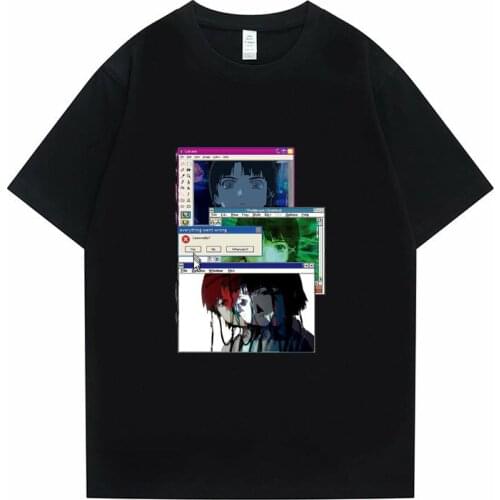 Glitch Serial Experiments Lain T-shirt Men Short Sleeve Soft Cotton Tshirt Harajuku Streetwear Manga Tshirt Anime TV Tees Tops