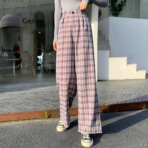 Plaid Pants Women Wide Leg Loose Plus Size Slacks Trousers Checkered High Elastic Waist All-match Girl Spring Casual