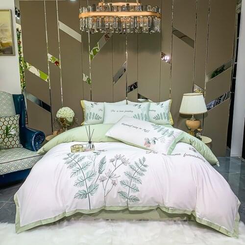 White Plant Flowers Embroidery Egyptian Cotton Bedding Set Duvet Cover Set 220X240 Bed Sheet Pillowcases Double Bed Set For Home