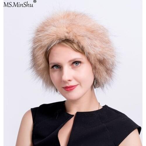 MS.MinShu Knit Fox Fur Headband Real Fur Neck warmer Winter Women Head wear Earmuff Neck ring Elastic style