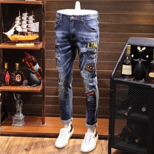 Mens Blue Ripped Pants Jeans Holes Embroidery Patch Pencil Pants J48