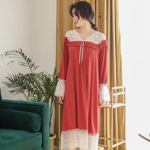 New sleeping group female summer long-sleeved lace court wind hollow mesh cotton sexy princess wind nightdress spring and autumn