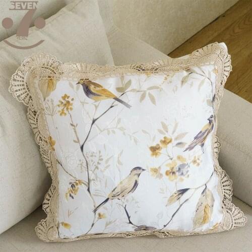 Pastoral Style Jacquard Cloth Birds Pattern 45x45cm Square PillowCase Home Decorative Pillow Cover With Elegant Lace Border