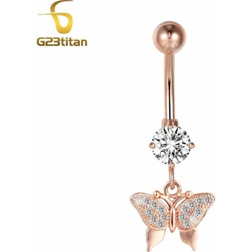 Womens Body Jewelry Sexy Body Chain Cute Butterfly Navel Ring Crystal Buckle Navel Piercing Rose Gold Stainless Steel Jewelry