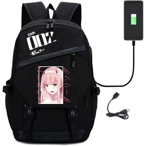 Darling In The Franxx Backpack Zero Two Anime Print Cosplay Black Cute Unisex USB Charging Laptop Shoulder TravelBags Schoolbag