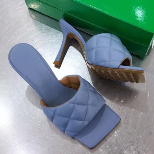 Sewing Leather High Heel Mules Square Toe INS Fashion Brand Slippers Summer Dress Sandals Shoes Women Slides