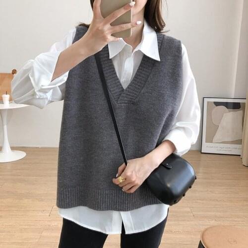 Korean Sleeveless Women Knitted Sweater Vest Knitting Pullovers Waistcoat Jumper Top V Neck Vintage Sweaters Casual Autumn