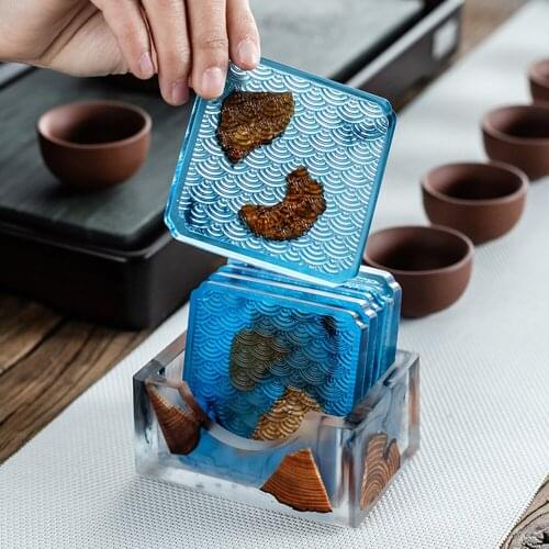Wave Wooden Resin Teacup Tray Anti-slip Transparent Tray For Kung Fu Tea Set Colorful Teacup Tray For Home Office With Base