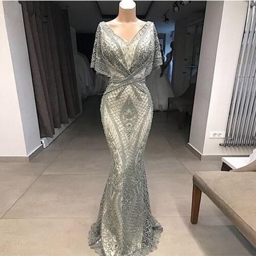 High Quality Lace Mermaid Evening Dresses Long V Neck Batwing Sleeve Formal Gown Prom Dress Beaded Abiye Party Wear Abendkleider