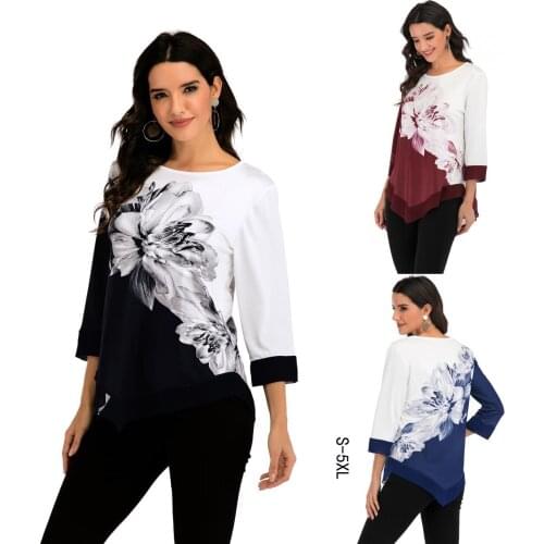 New Women Autumn Spring Shirt Fashion Loose Blouse O-neck Irregular Casual Floral Striped Print Shirts Female Blouses Plus Tops