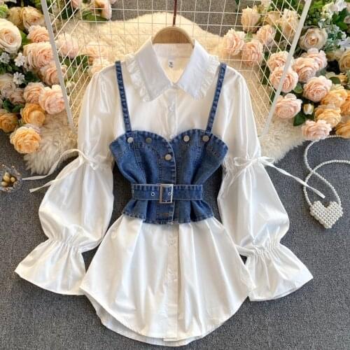 Foamlina New Spring Womens Clothing Set Lapel Collar Puff Sleeve White Shirt Blouse + Strap Denim Suspender Vest Two Piece Set