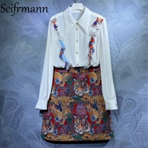 Seifrmann New 2021 Summer Women Fashion Runway Skirts Set Lantern Sleeve Ruffles Loose Blouses + High Waist A-Line Skirts Suits