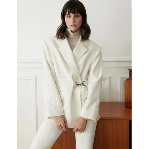 White Slim Waist Casual Office Blazer with Buckles 2021 Women Solid Color Mid-Length Commute Blazer Simple Patchwork Jacket Coat