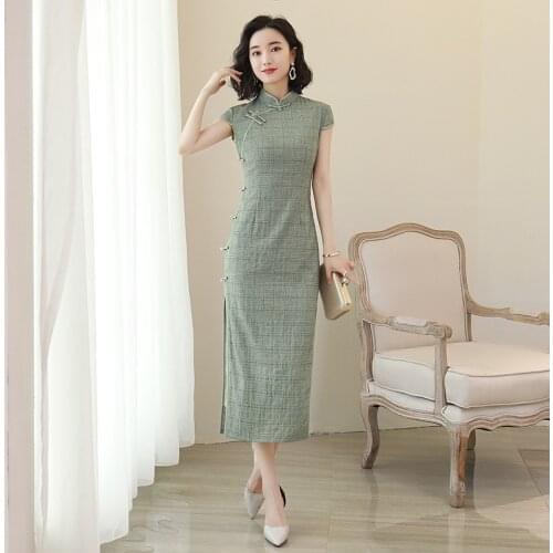 H.RONG.X Summer Retro Chinese Improved Cheongsam Dress Daily Plaid Traditional Simple Women Chipao Cotton Elegant Long Qipao