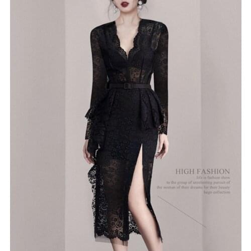Luxuriy Ladies Dress Temperament Ruffles Black Lace Pencil Dress Women Long Sleeve V-neck High-end Slim Sexy Dresses With Belt