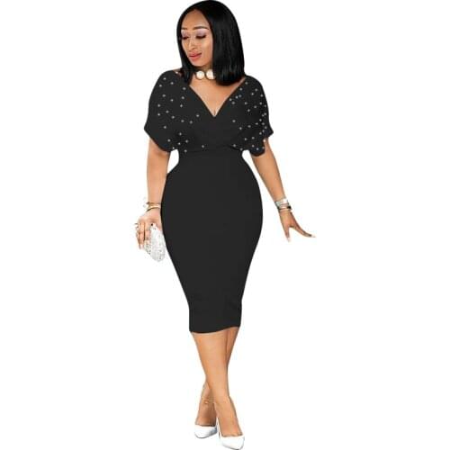 Women batwing sleeve v-neck high waist beading knee length bodycon bandage midi dress party club sexy dresses plus size H8825