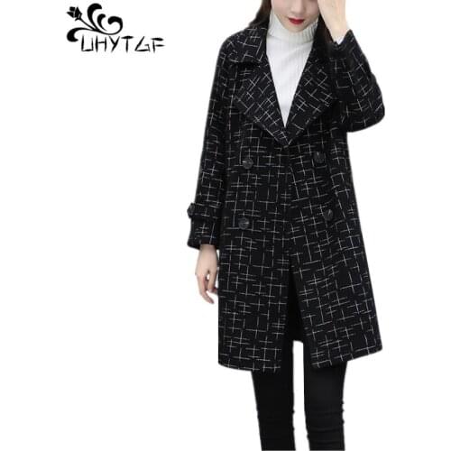 UHYTGF Autumn Winter Women Coat outerwear clothing fashion warm woolen blends female elegant Double Breasted woolen coat top 679
