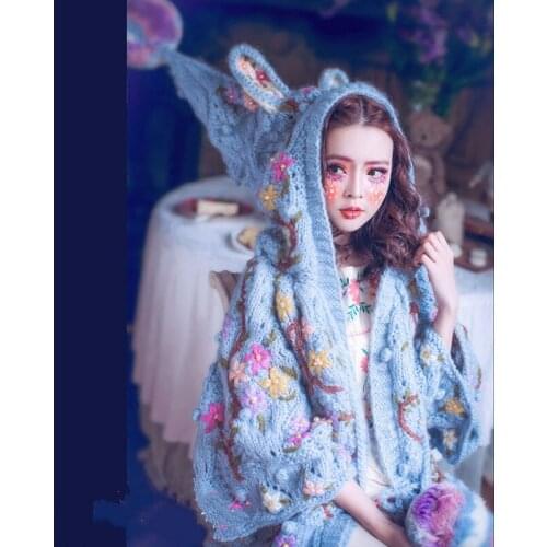 2019 Cardigan Feminino Poncho Magic Doll, Spring, Virgin, Female, Blue, Heavy Hand Embroidery, Stick Needle, Loose Hat, Rabbit
