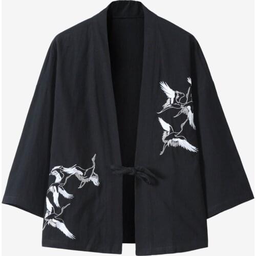 2021 Casual Laymans Clothing Jacket Embroidered Linen Mens Loose Summer Cardigan Hanfu Japanese Kimono Taoist Robe Tea Service