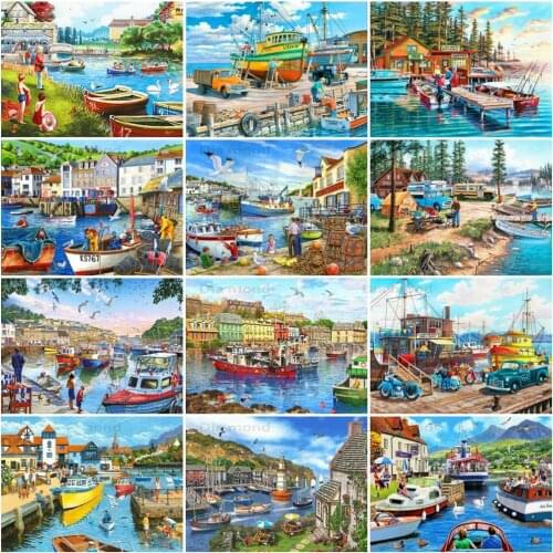 Diamond Painting Boat Cross Stitch Full Drill Rhinestones Diamond Embroidery Fishing Boat Landscape Mosaic Handmade Home Decor