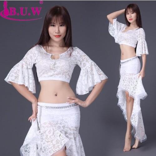 B.u.w Top Fashion Lycra Brand 2018 New Women Belly Dance Costumes Performance Top+skirt Suits For Oriental Costume 8075
