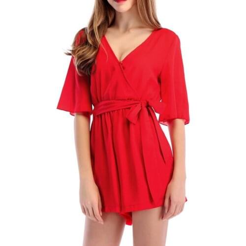 Boho Solid Ruffles Summer Playsuits Women Elegant Autumn Red V Neck Jumpsuits Rompers Sexy Beach Girls Short Overalls