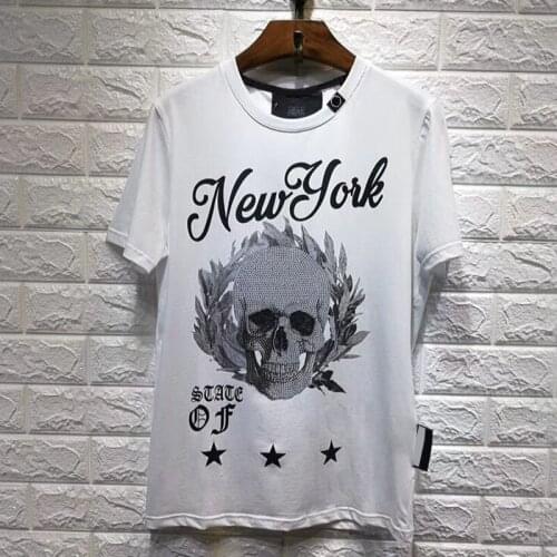 New Fashion O-Neck 100% Cotton PP SKULL T-Shirt Mens 3D Diamond Street Gothic Style Plein Short Sleeve T-Shirt Mens Tops